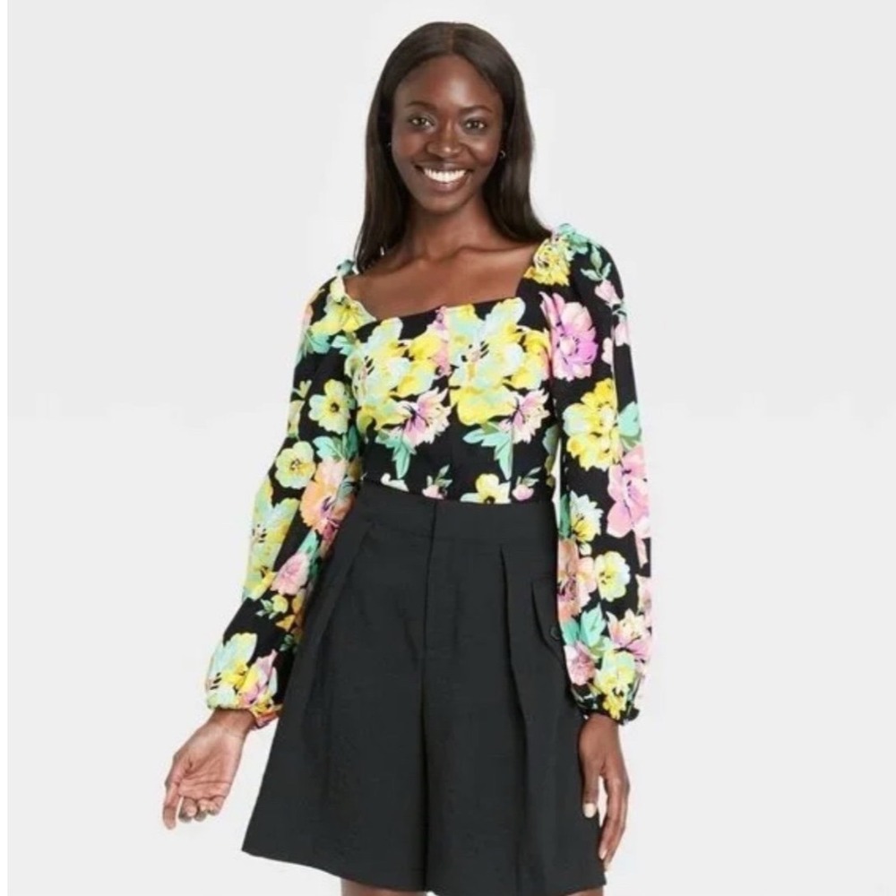 Who What Wear Floral Linen Blend Puff Sleeve Smocked Back Blouse XL Black Yellow